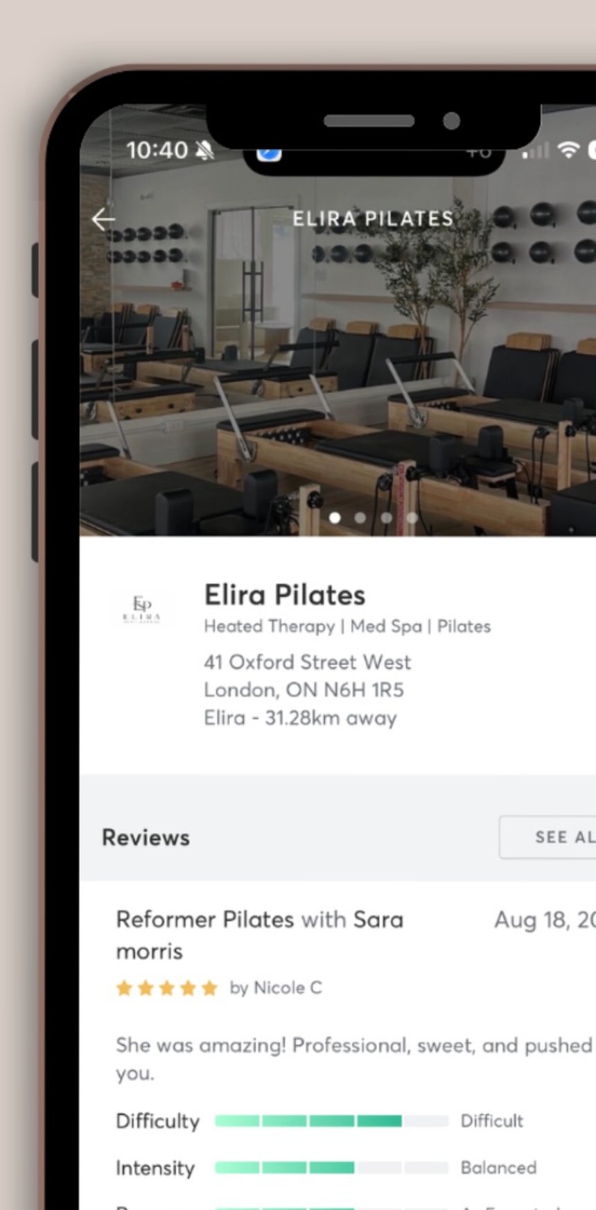 The Elira Pilates profile in the Mindbody app